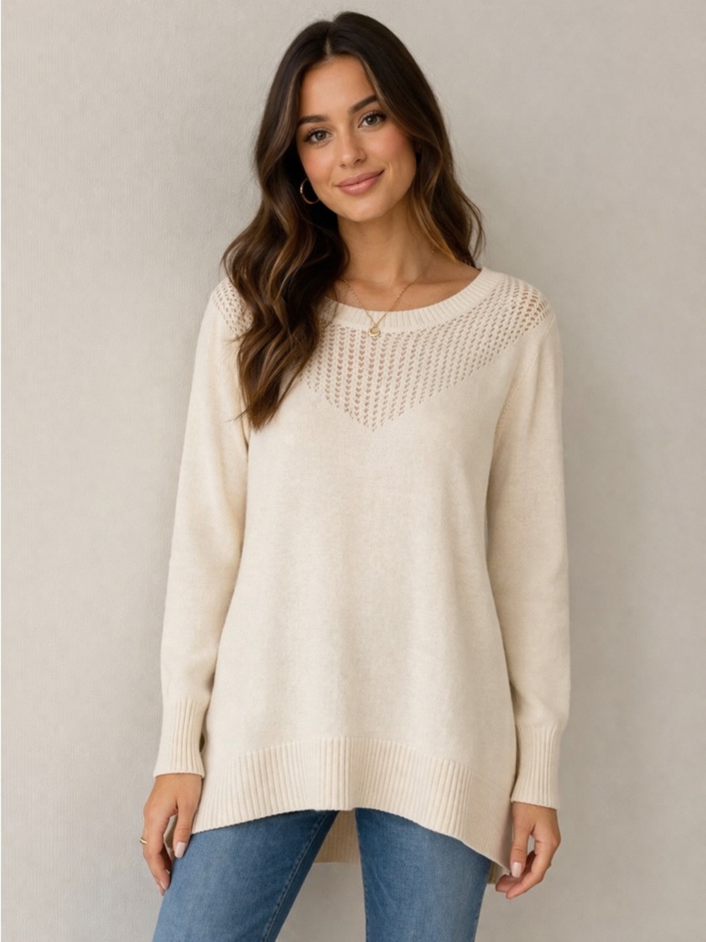 New York & Company Cream Open-Weave Scoop Neck Sweater